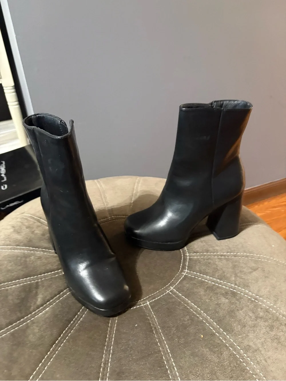 French Connection Black Platform Block Heel Ankle Boots